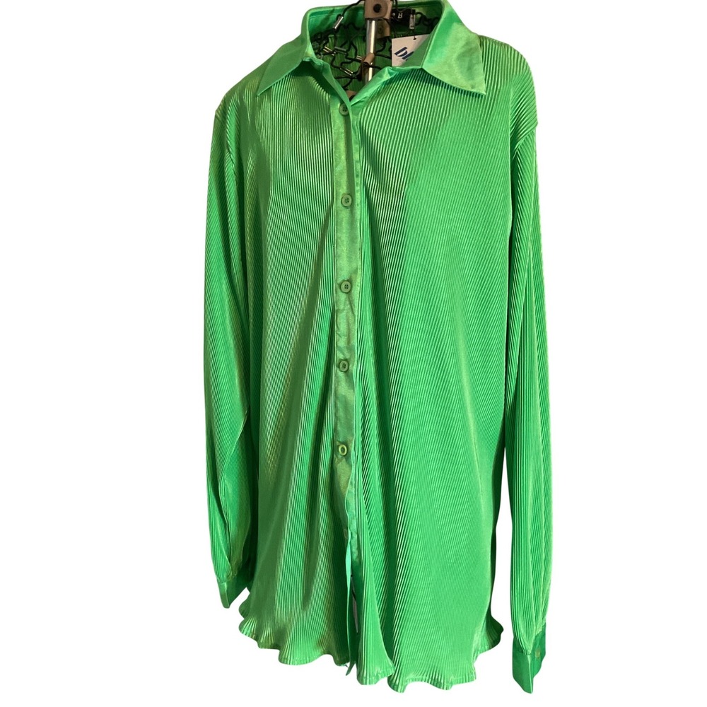 Blue‎ B Collection Womens Kelly Green Pleated Button Down Shirt Top L